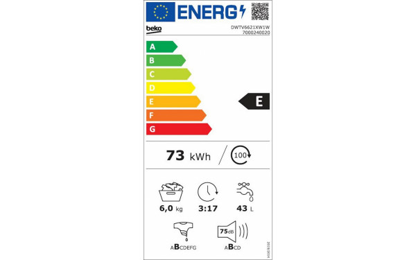 BEKO DWTV6621XW1W - &Eacute;tiquette &eacute;nergie v2