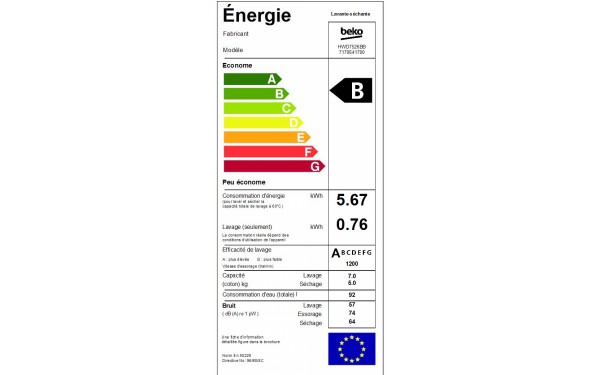 BEKO HWD7526BB - &Eacute;tiquette &eacute;nergie