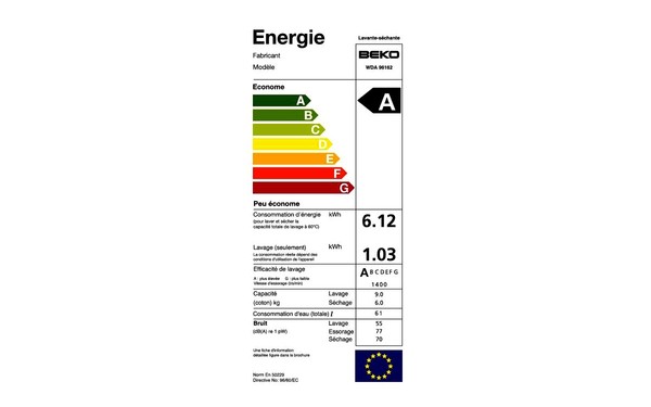 BEKO WDA96162 - &Eacute;tiquette &eacute;nergie