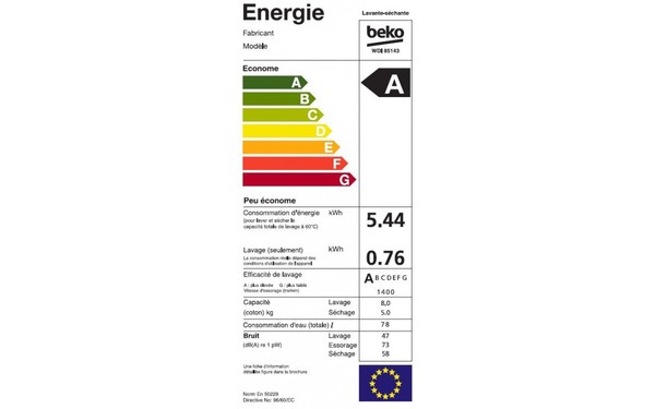BEKO WDI85143 - &Eacute;tiquette &eacute;nergie