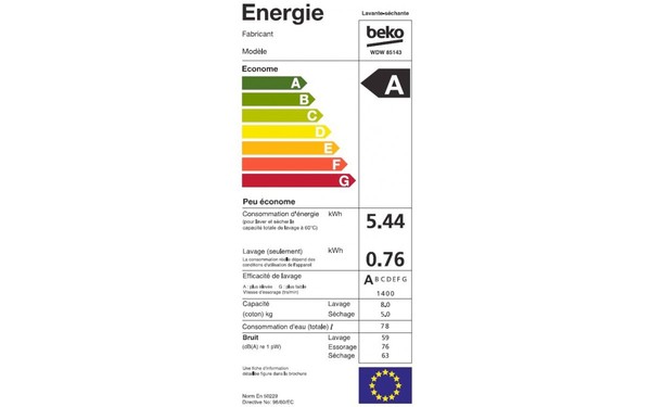 BEKO WDW85143 - &Eacute;tiquette &eacute;nergie