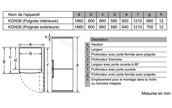 BOSCH KGN36VW3A - Sch&eacute;ma technique dimensions