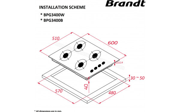 BRANDT BPG3400W - Dimensions