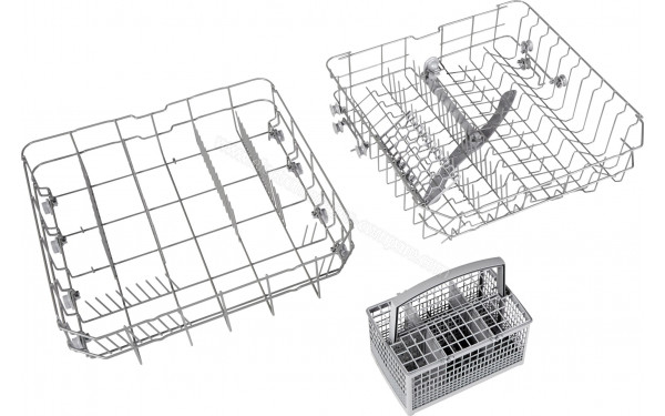 BRANDT DWF128DS - Vue des tiroirs inf&eacute;rieurs, sup&eacute;rieurs et du panier &agrave; couverts