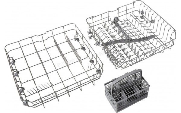 BRANDT DWF128DW - Vue des paniers inf&eacute;rieurs, sup&eacute;rieurs et du panier &agrave; couverts