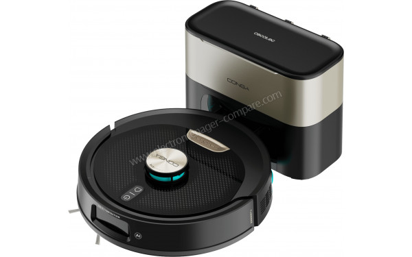 CECOTEC Conga Y100 Spin AI - Vue 3/4 droite sur la station de chargement