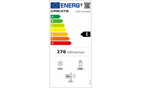 CREATE Fridge R&eacute;tro Combi 401L Noir Blanc Cass&eacute; - &Eacute;tiquette &eacute;nergie v2