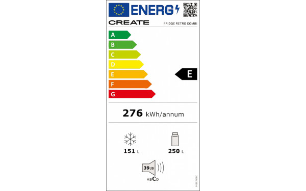 CREATE Fridge R&eacute;tro Combi 401L Blanc Cass&eacute; Noir - &Eacute;tiquette &eacute;nergie v2