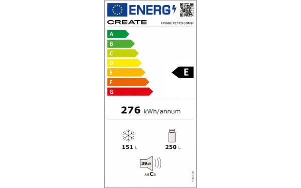 CREATE Fridge R&eacute;tro Combi 401L Blanc Cass&eacute; Bleu - &Eacute;tiquette &eacute;nergie v2