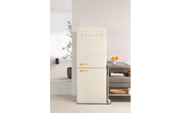 CREATE Fridge R&eacute;tro Combi 401L Blanc Cass&eacute; Bois - Mise en situation