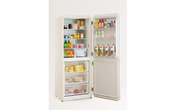 CREATE Fridge R&eacute;tro Combi 401L Blanc Cass&eacute; Or - Vue de l'int&eacute;rieur
