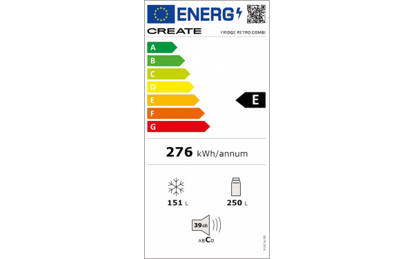 CREATE Fridge R&eacute;tro Combi 401L Blanc Cass&eacute; Or Rose - &Eacute;tiquette &eacute;nergie v2