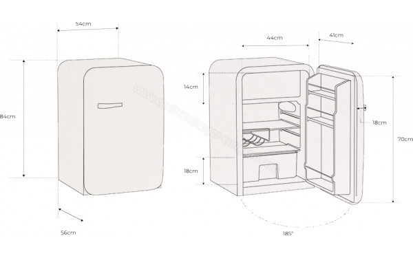 CREATE Retro Fridge 107L Blanc Cass&eacute; Rose - Dimensions