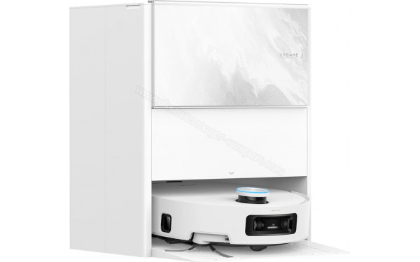 DREAME Aqua10 Ultra Track Complete Blanc - Vue de 3/4 gauche sur la base de chargement