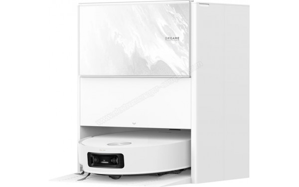 DREAME Aqua10 Ultra Track Complete Blanc - Vue de 3/4 droite sur la base de chargement