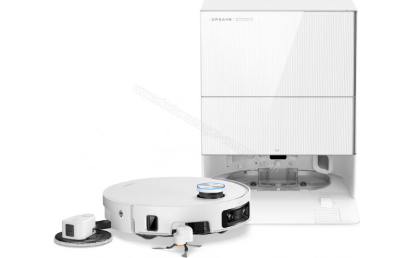 DREAME X60 Pro Ultra Complete Blanc - Vue de 3/4 gauche avec base de chargement