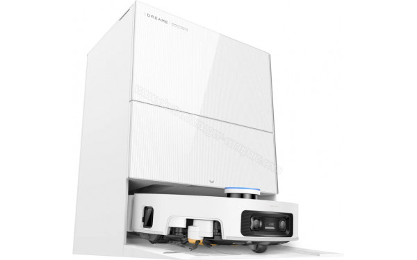 DREAME X60 Pro Ultra Complete Blanc - Vue de 3/4 gauche sur la base de chargement