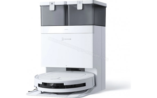 ECOVACS DEEBOT T50 Pro Omni Blanc - Vue 3/4 droite sur la base de chargement