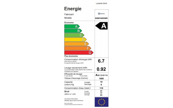 ELECTROLUX EWW1605SWR - &Eacute;tiquette &eacute;nergie