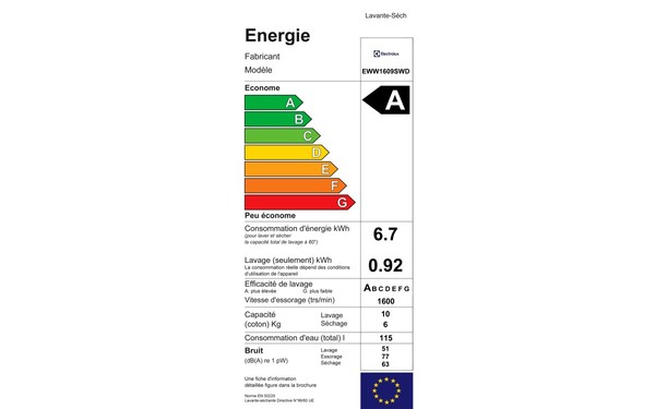 ELECTROLUX EWW1609SWD - &Eacute;tiquette &eacute;nergie