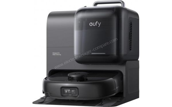 EUFY Omni E28 Noir - Vue 3/4 droite sur la station de chargement