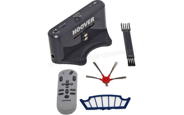 HOOVER RBC003 - Base de chargement / T&eacute;l&eacute;commande / Filtre / Brosse lat&eacute;rale (cr&eacute;dit : Boulanger)