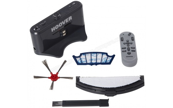 HOOVER RBC006 - Base de chargement / T&eacute;l&eacute;commande / Brosse lat&eacute;rale / Filtre / Lingette / Brosse de nettoyage (cr&eacute;dit : Boulanger)