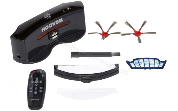 HOOVER RBC011 - Base de charge / T&eacute;l&eacute;commande / Brosses lat&eacute;rales / Filtre (cr&eacute;dit : Boulanger)