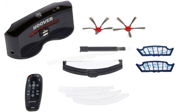 HOOVER RBC012 - Base de charge / T&eacute;l&eacute;commande / Brosses lat&eacute;rales / Cireuses / Filtre / Brosse de nettoyage (cr&eacute;dit : Boulanger)