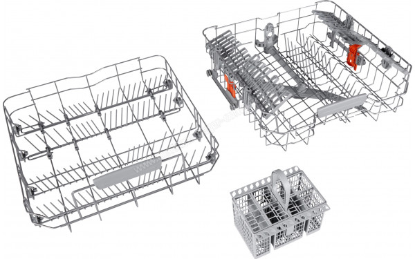 HOTPOINT HFC3C34W - Vue du panier inf&eacute;rieur, sup&eacute;rieur et panier &agrave; couverts