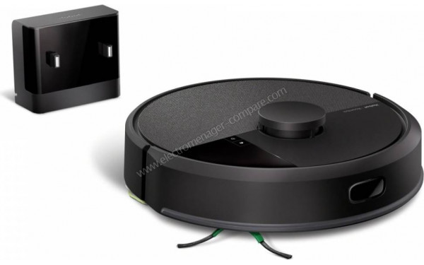 IROBOT Roomba 105 Combo Noir - Vue 3/4 gauche avec base de chargement