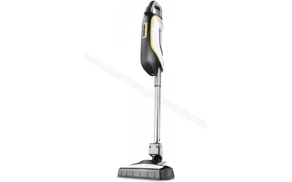 KARCHER VC 5 Cordless Premium Blanc - Vue 3/4 droite avec tube t&eacute;lescopique (cr&eacute;dit : Boulanger)