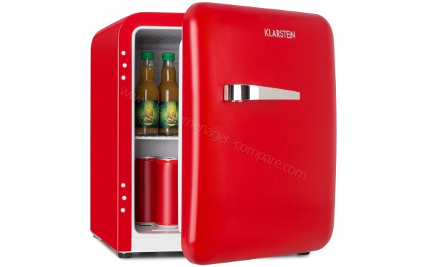 KLARSTEIN Audrey Mini 48 L Rouge Classe A+ - Vue 3/4 gauche porte ouverte