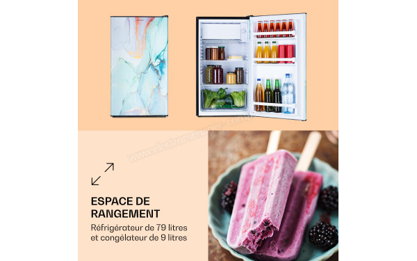 KLARSTEIN CoolArt 79 L Pastel 2024 - Vue de face et de l'int&eacute;rieur