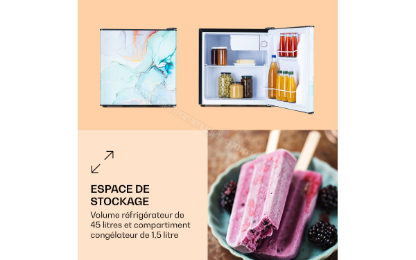 KLARSTEIN CoolArt 45 L Pastel 2024 - Vue de face et de l'int&eacute;rieur