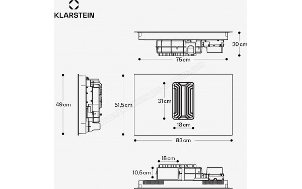 KLARSTEIN AirJet Hybrid Down Air System 83 Noir - Dimensions