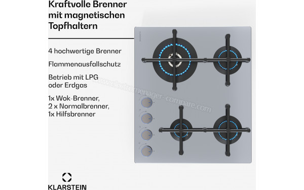 KLARSTEIN Illuminosa 4 Inox - Zoom sur les foyers &agrave; gaz