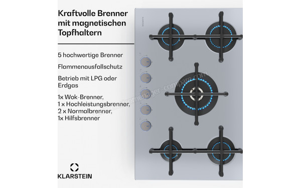 KLARSTEIN Illuminosa 5 Inox - Zoom sur les foyers &agrave; gaz