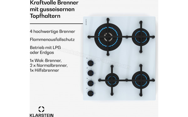 KLARSTEIN Illuminosa 4 Blanc - Zoom sur les foyers &agrave; gaz