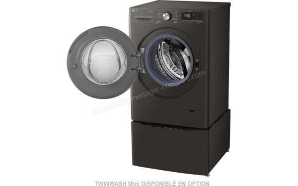 LG F14V92BS - Vue 3/4 droit avec hublot ouvert et TwinWash Mini disponible en option (cr&eacute;dit : Boulanger)