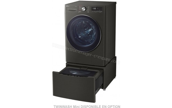 LG F14V92BS - Vue 3/4 droit avec hublot ouvert et TwinWash Mini disponible en option (cr&eacute;dit : Boulanger)