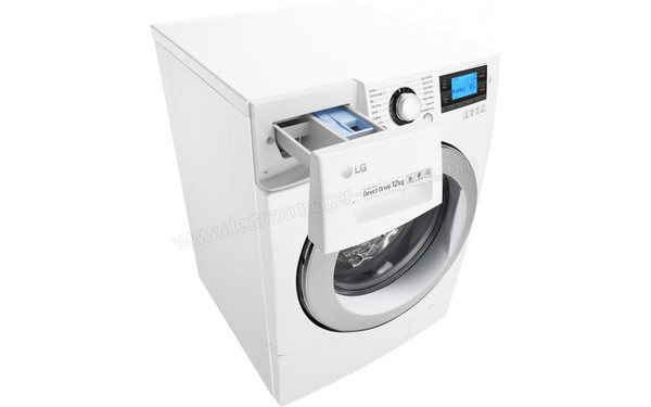 LG F24872WH - Vue 3/4 gauche avec bac &agrave; produits (cr&eacute;dit : Boulanger)