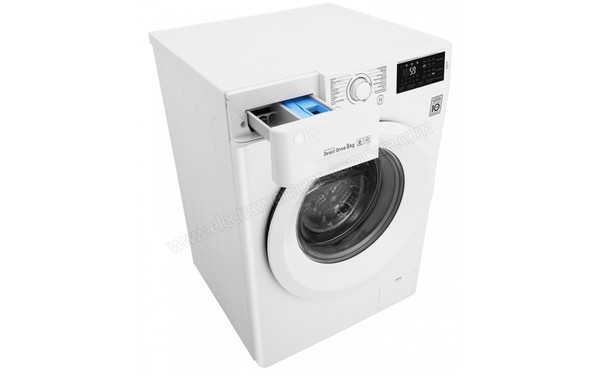 LG F4J5TN3W - Vue 3/4 gauche avec bacs &agrave; produit ouverts