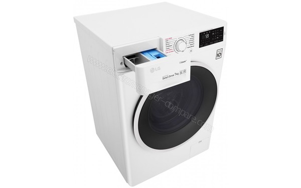 LG F74J60SWH - Vue 3/4 gauche avec bac &agrave; lessive (cr&eacute;dit : Boulanger)