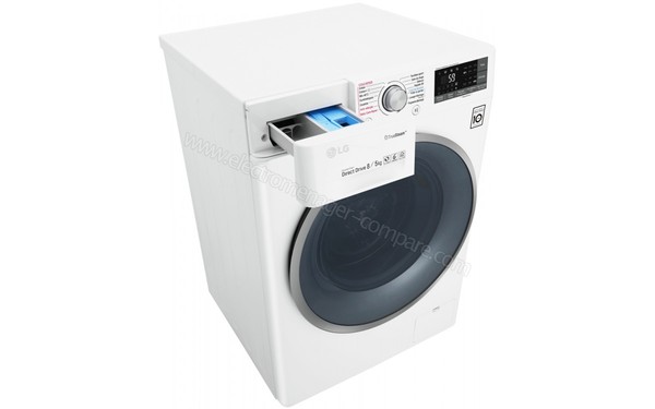 LG F854J71WRH - Vue 3/4 gauche avec bac &agrave; lessive (cr&eacute;dit : Boulanger)
