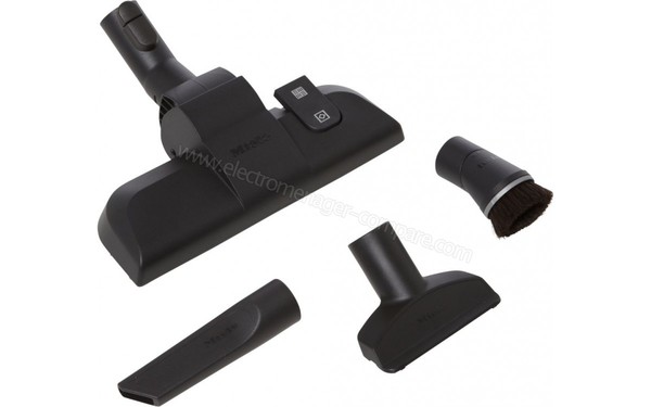 MIELE Compact C1 Noir PowerLine - Vue d'ensemble brosse et accessoires (cr&eacute;dit : Boulanger)
