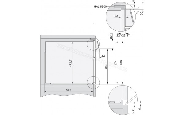MIELE H 7890 BP IN - Sch&eacute;ma technique vue lat&eacute;rale du meuble bas