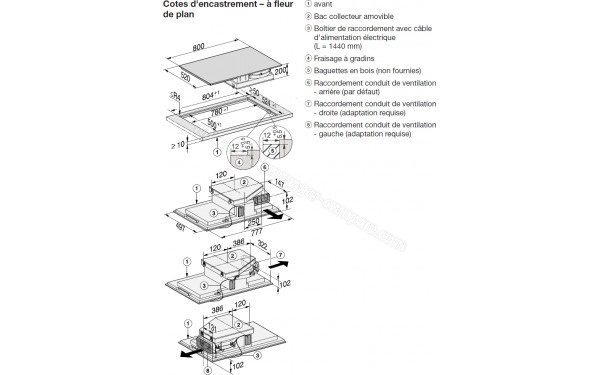 MIELE KMDA 7634 FL - Sch&eacute;ma technique cotes d'encastrement &agrave; fleur de plan