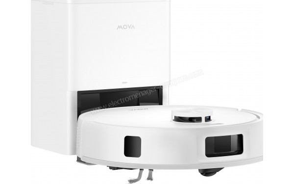 MOVA E20s Pro Plus Blanc - Vue de 3/4 gauche sur la station de chargement