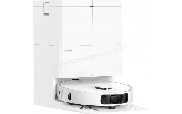MOVA E50 Pro Ultra Blanc - Vue de 3/4 gauche sur la station de chargement
